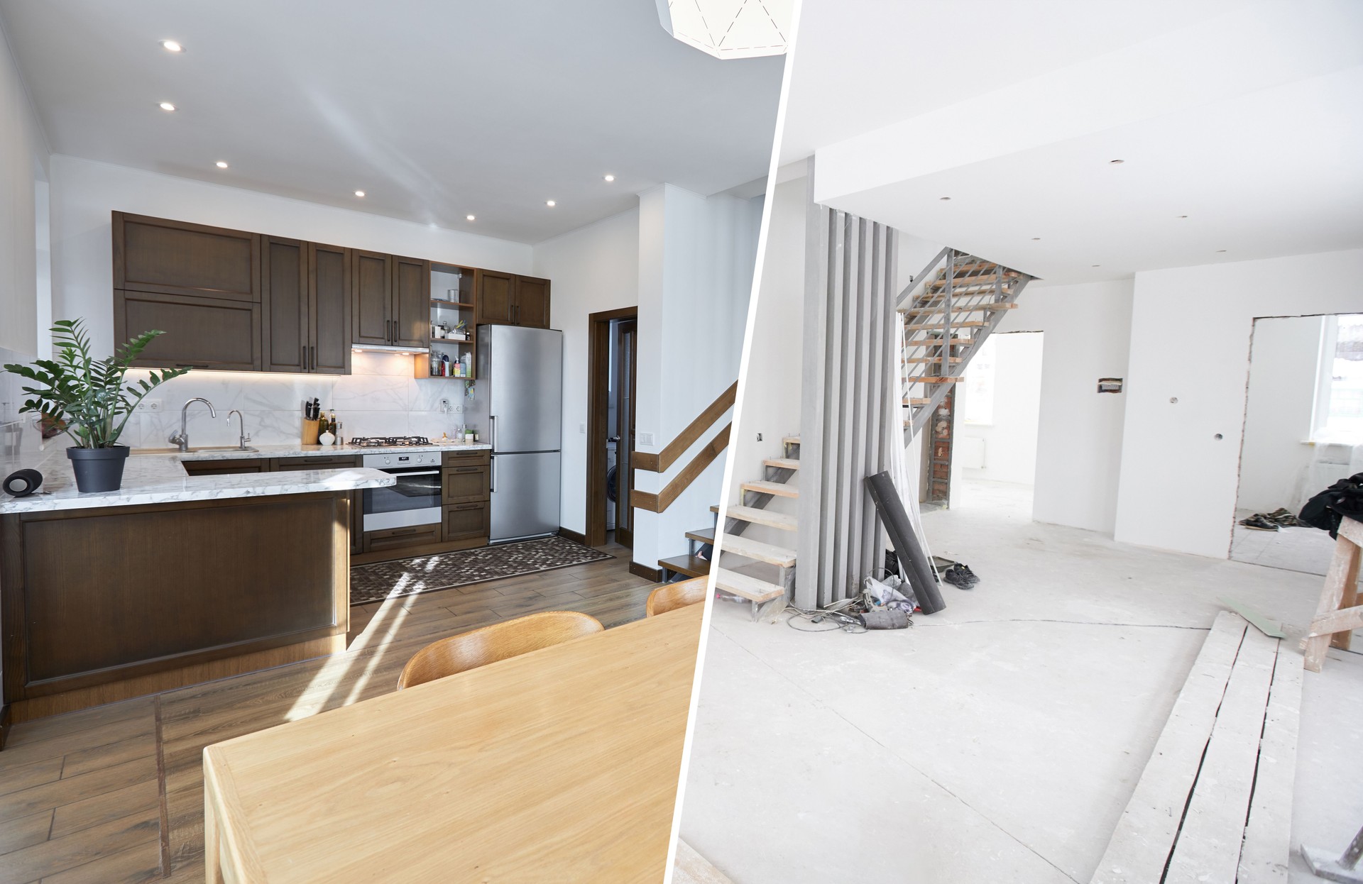 Concept de rénovation domiciliaire. Avant et après l’intérieur dans le style moderne